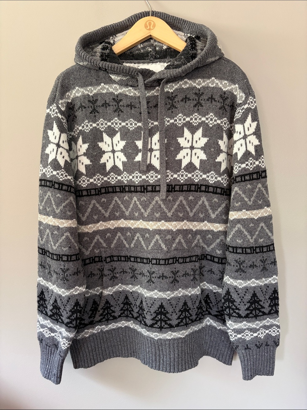 American Eagle Men’s Softest Sweater Hoodie Fair Isle Large Grey White Black NWT